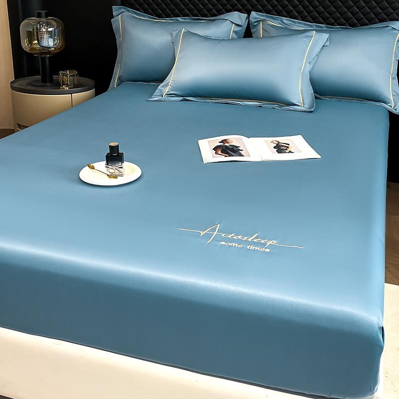 Silk Ice Silk Bed Sheet Set, Solid Color Embroidery, Dust Mite Resistant, Cool and Soft, Hair-Free, 