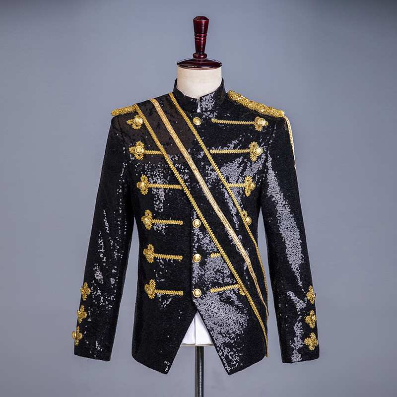 Black sequined suit, European court style stylist, men's nightclub DJ gold-studded performance costu