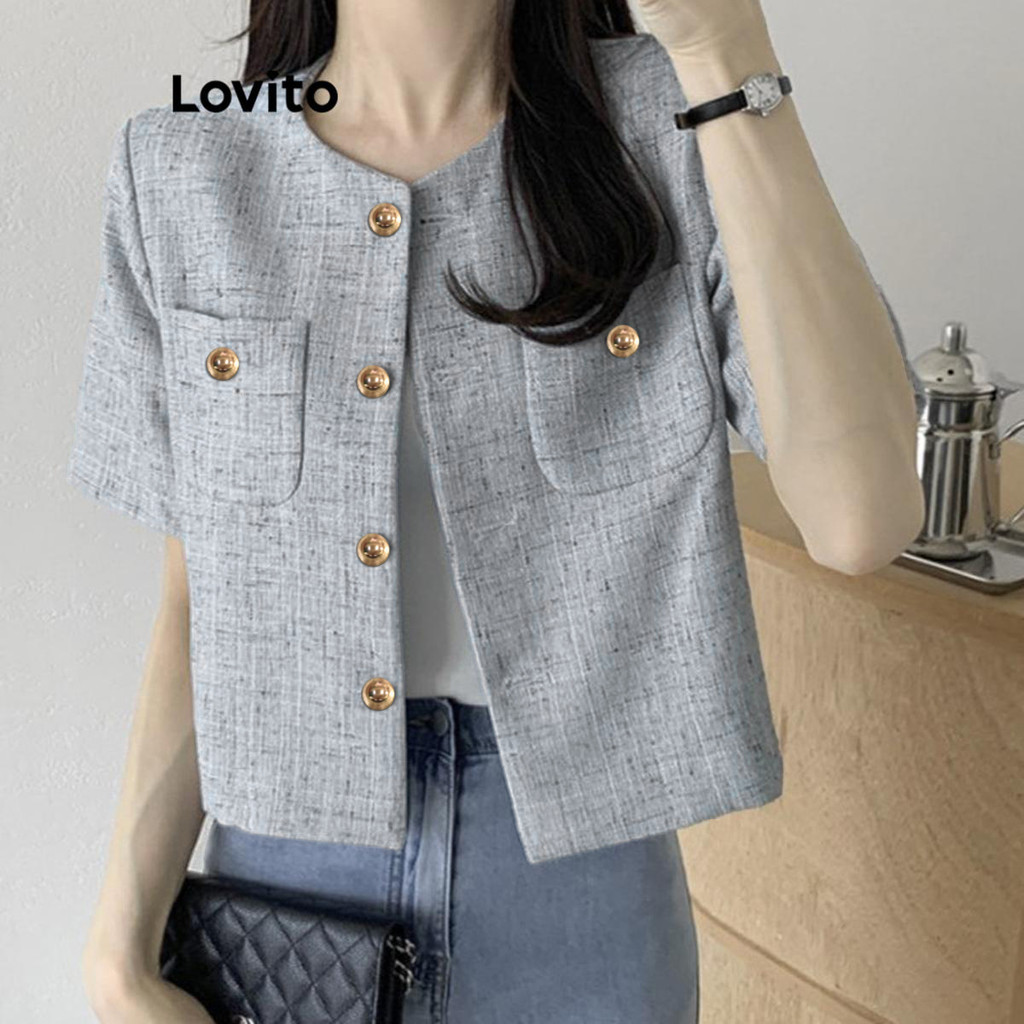 Lovito เสื้อลําลองผู้หญิง กระเป๋าคู่ มีกระดุมโลหะ สําหรับฤดูใบไม้ผลิและฤดูร้อน LNE62083 ราคา ถูกที่สุด ดีลบีเคเค แกลเลอรีภาพที่ 3