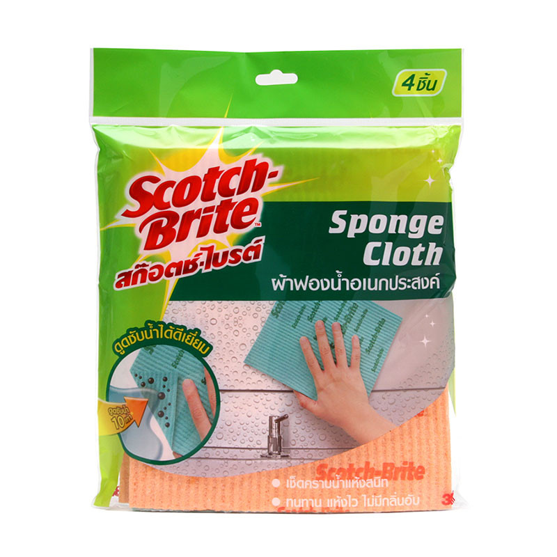 Scotch-Brite ผ้าฟองน้ำอเนกประสงค์ 4 ชิ้น ฟองน้ำเซลลูโลส ดูดซับน้ำดี แห้งไว ไม่อับ