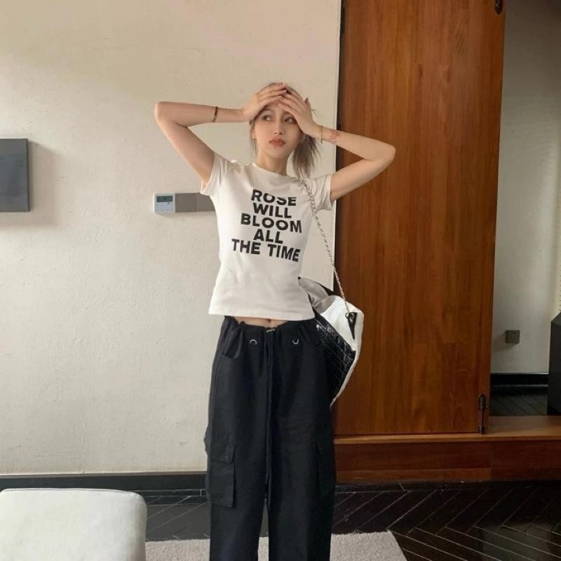 iPinkพร้อมส่ง🥐เสื้อครอปท็อป เสื้อยืดคอกลม แขนสั้น  เสื้อรัดรูป พิมพ์ลายตัวอักษร สไตล์เกาหลี แฟชั่นฮาราจูกุ สไตล์วินเทจ - รูปที่ 3