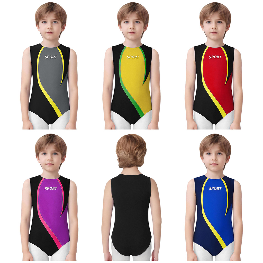 Yeahdor เด็กเด็กยิมนาสติกเต้นรําเครื่องแต่งกายรอบคอแขนกุดพิมพ์สีบล็อก Leotard