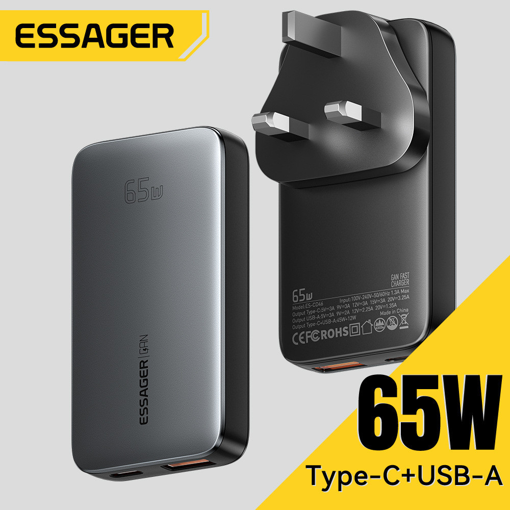 ESSAGER เครื่องชาร์จแกลเลียมไนไตรด์บางเฉียบ GaN65W Travel Charger เหมาะสําหรับโทรศัพท์มือถือแท็บเล็ต