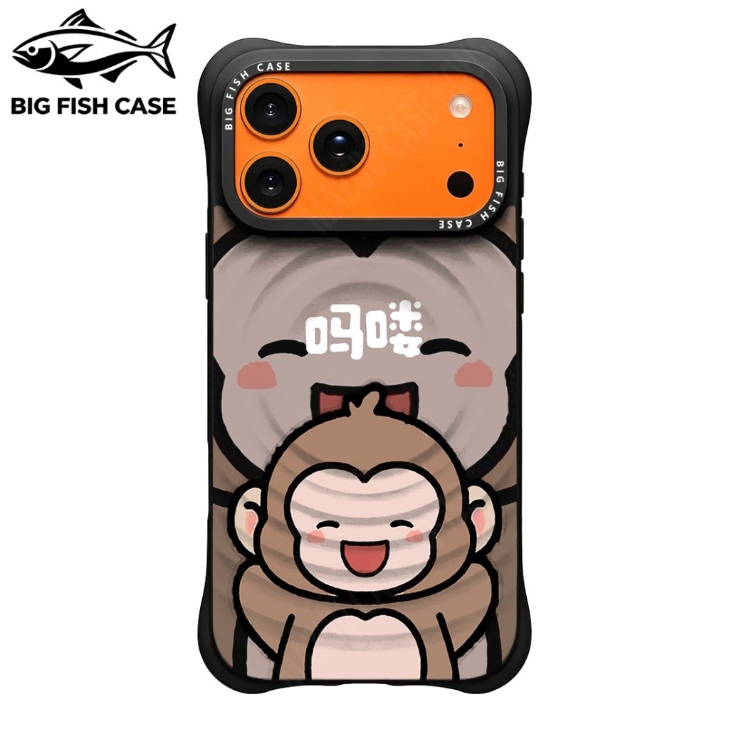 เคสไอโฟน เคสซิลิโคนสีดำ ฝังแม่เหล็ก ลายลิงการ์ตูนหน้าแก้มชมพู ขอบหนาต้านแรงกระแทก เข้ากับ iphone17 16 15 14 13 12 11 Pro
