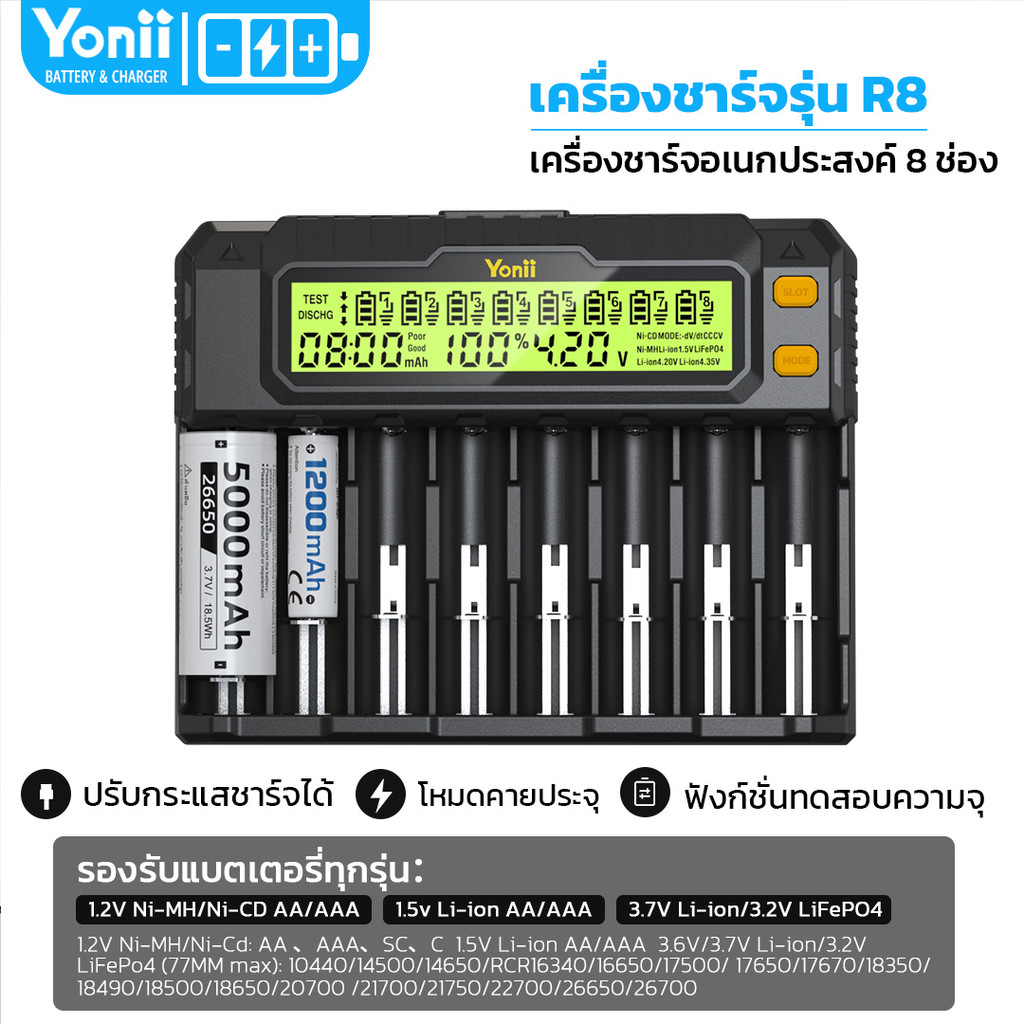 Yonii เครื่องชาร์จถ่าน R8 ชาร์จได้ 8 ก้อน รองรับ 18650,21700,20700,26650,  AA AAA LifePo4 ชาร์จเร็ว