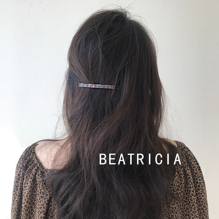 เครื่องประดับผมนําเข้าเกาหลี All-Match Simple Full Diamond One-word Ink Leopard Print Hair Clip Side