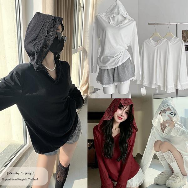 mimi&didi เสื้อฮู้ดแขนยาวแต่งลูกไม้สีดำ ไซส์ใหญ่ กันแดด ทรงหลวม ใส่สบายๆ ในฤดูร้อน สวยงามและใช้งานได้หลากหลายหญิง#99449