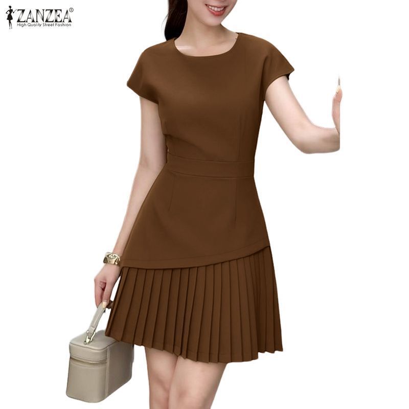 ZANZEA ชุดเดรสแขนสั้นคอกลมแขนสั้นหรูหราสําหรับผู้หญิงเกาหลี — صورة 4