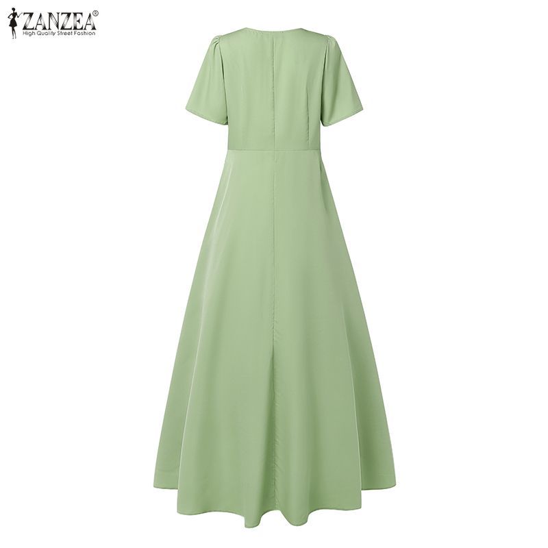 ZANZEA ผู้หญิง Vintage Elegant Square Collar Puff Sleeve ไม่สม่ําเสมอ Ruffles Hem Maxi A-Line เดรสสายเดี่ยว — صورة 8