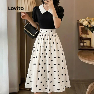 (New Arrival) Lovito เดรสผู้หญิงสีตัดกันดีไซน์พลีตสุดหรู เหมาะสําหรับฤดูใบไม้ผลิและฤดูร้อน L195ED161