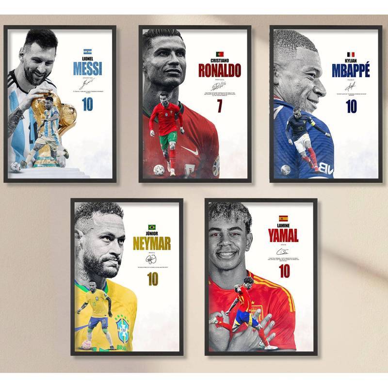 ชุดโปสเตอร์ดาวฟุตบอลฟุตบอลโลก 5 ชิ้น Messi Ronaldo Mbappe Neymar Limine Yamal National Jersey ลงนามภาพผ้าใบผนัง