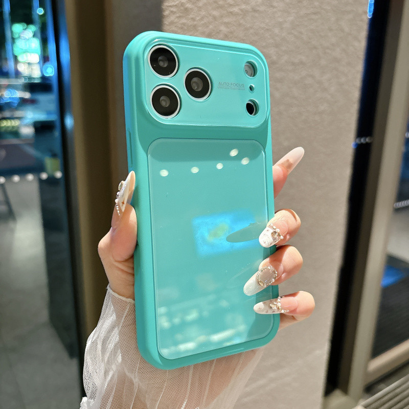 เคสโทรศัพท์สีทึบหน้าต่างขนาดใหญ่เคลือบเงาสําหรับ iPhone 17 16 15 14 13 Pro Max