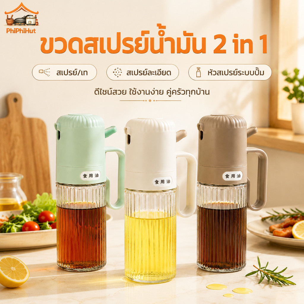 PPH ขวดสเปรย์น้ํามัน 2 in 1 ขวดน้ํามัน ขวดสเปรย์แบบกด ขวดสเปรย์น้ำมันแก้ว 250ml