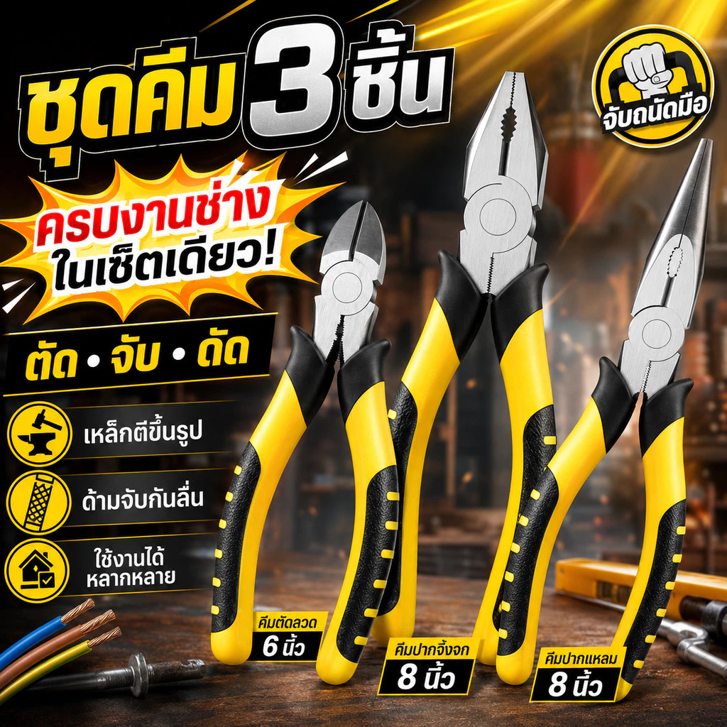 คีมอเนกประสงค์ 3 ชิ้น คีมปากจิ้งจก คีมปากแหลม คีมตัดลวด ด้ามจับถนัดมือ สำหรับงานไฟฟ้า ซ่อมรถ งาน DIY งานบ้าน เครื่องมือ