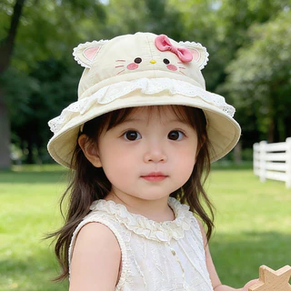 🧸หมวกกันแดดสําหรับเด็ก🎀หมวกชาวประมง ป้องกันรังสีUV ปรับขนาดได้ ใส่สบาย ลายแมวน่ารัก
