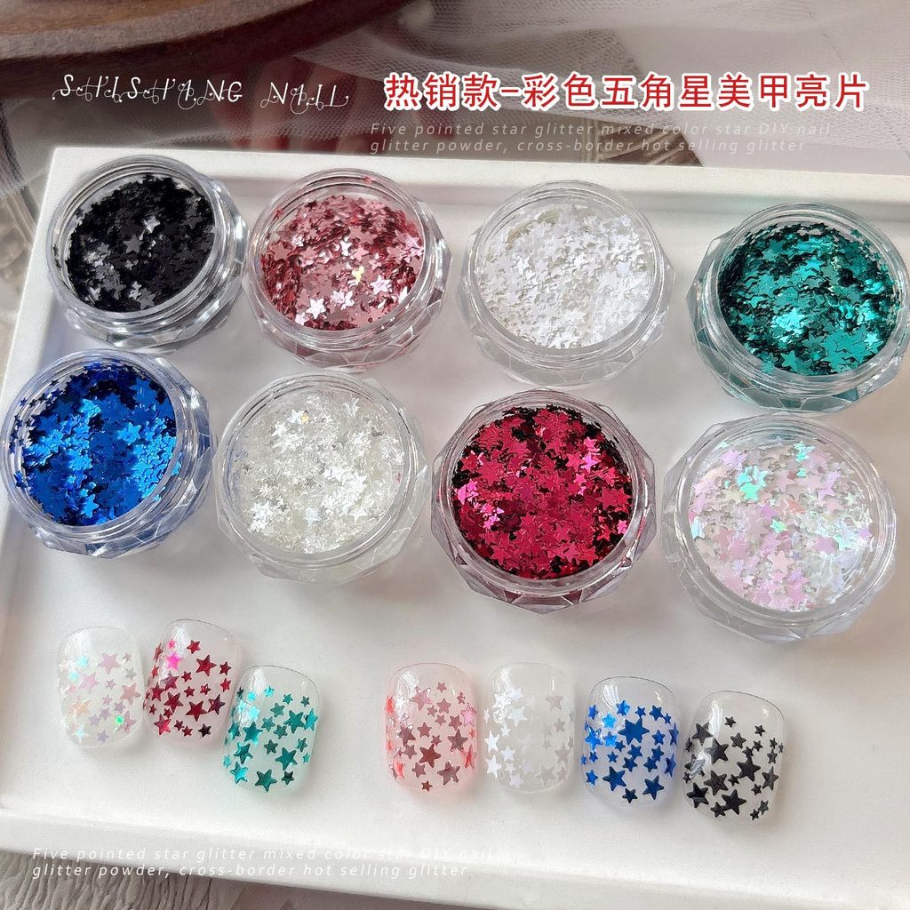 ดาวห้าแฉกเลื่อมอุปกรณ์แต่งเล็บ Strobe สีดําสีขาวสีชมพูสีฟ้า Rose Red Star เลื่อม diy สวมใส่เล็บแพทช์
