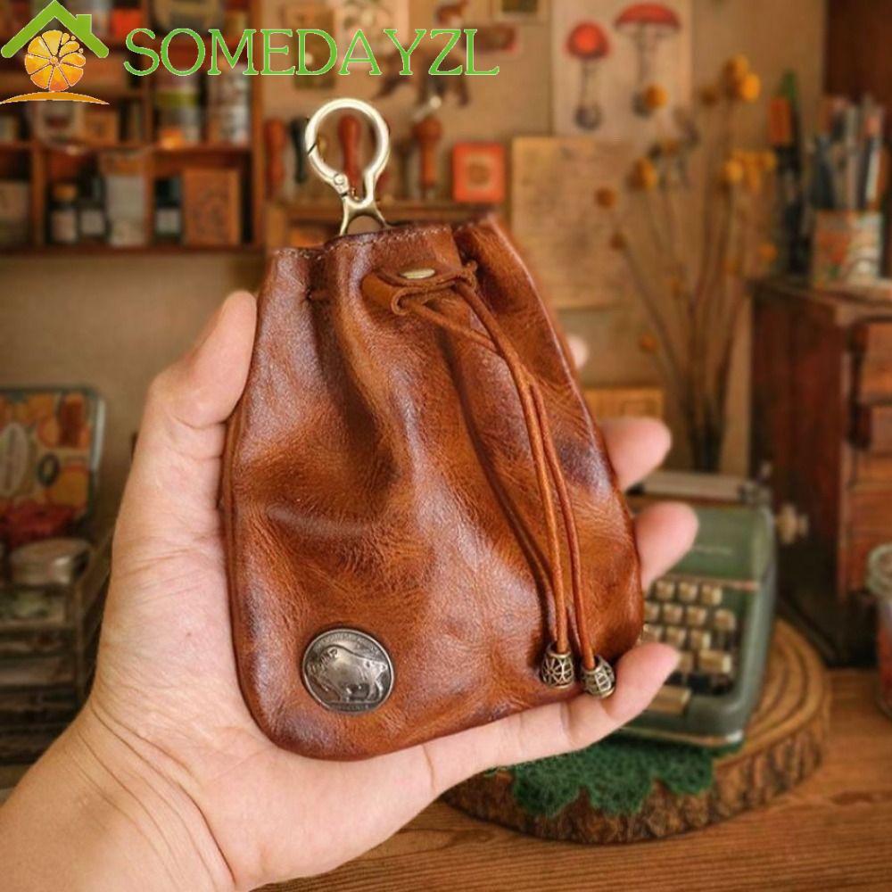 SOMEDAYZL กระเป๋าเปลี่ยนกระเป๋า, ยุคกลาง Retro Drawstring Key Wallet, ประณีต PU พวงกุญแจ Vintage Coin Organizer กระเป๋าคาดเอวแม่บ้านใช้