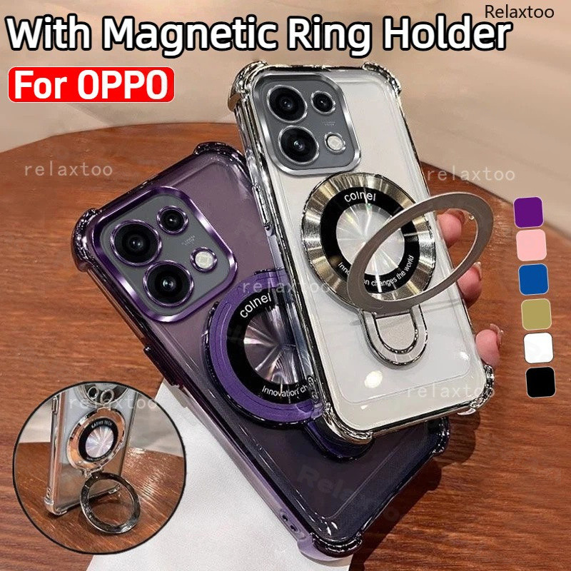 ปลอกใสสําหรับ OPPO Reno16 Reno 16 Pro F 16Pro 16F Reno16Pro Reno16F 5G แฟชั่นชุบใสกันกระแทกพร้อมขาตั้งแม่เหล็กที่วางโทรศัพท์เคสปกป้องฝาหลัง