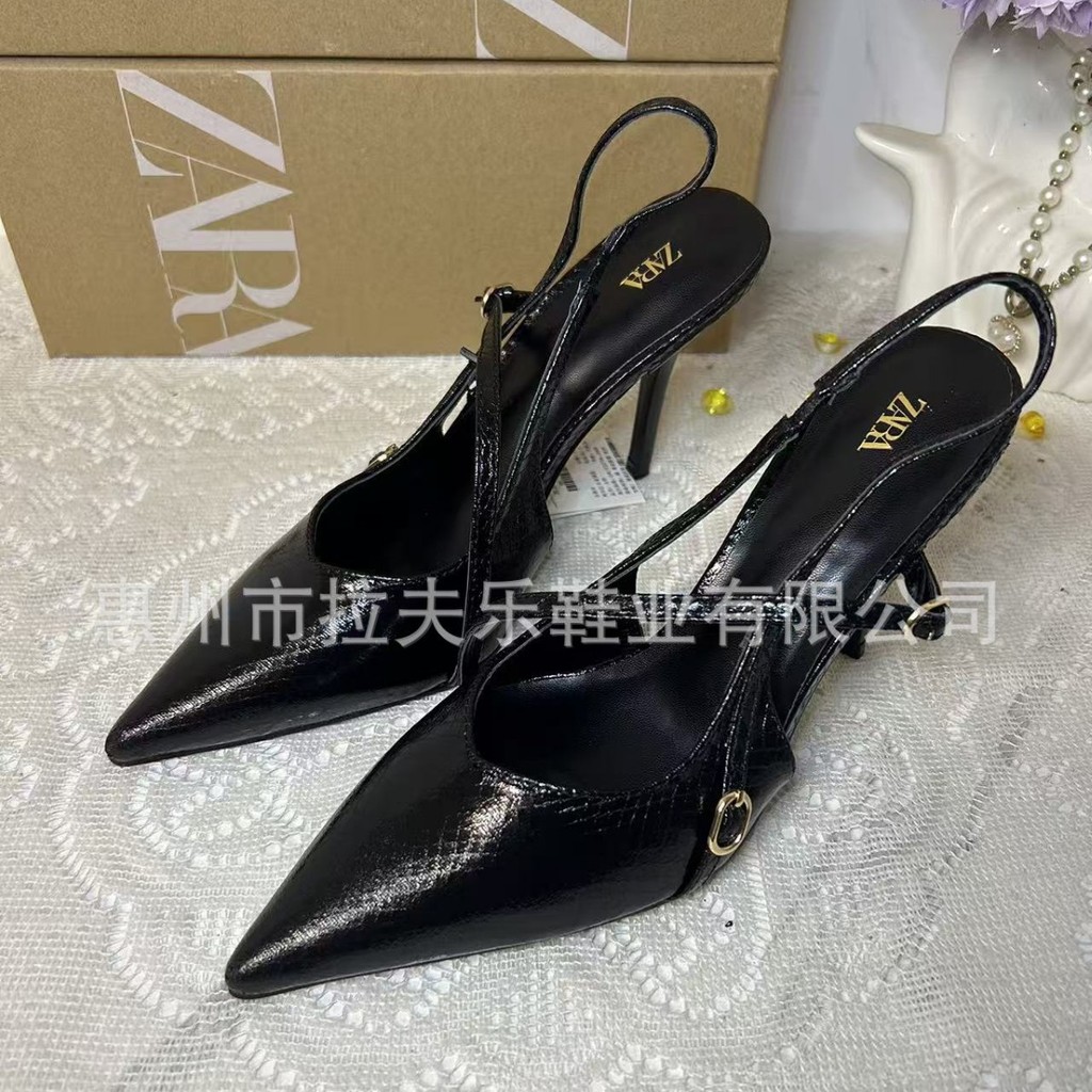 ZARA ฤดูใบไม้ผลิผลิตภัณฑ์ใหม่รองเท้าผู้หญิงรองเท้าผู้หญิงสีดํา T-Shaped Buckle สีดํา Python รูปแบบ Stiletto รองเท้าส้นสูง