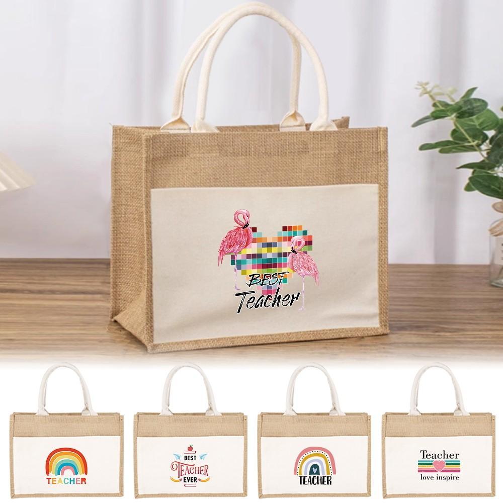 Big Jute Bag Tote Bag Shopping Grocery Bag with Handle Eco Bag Sling Bag Large Capacity Teachers Day