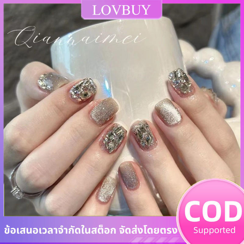 เล็บสีทองทรงสี่เหลี่ยม เพชรแวววาว เล็บปลอม เล็บปลอมติด เล็บปลอมเจล งานแฮนด์เมด nail ใช้ซ้ําได้
