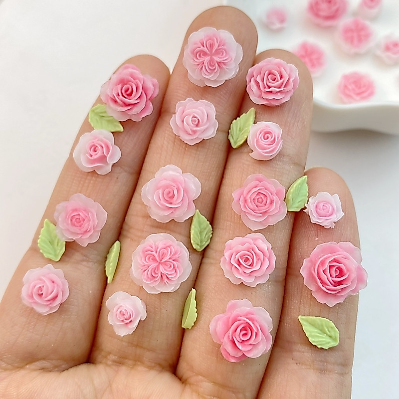 อุปกรณ์ตกแต่งเล็บเรซิ่น ลายดอกไม้ ใบไม้ สีชมพู สําหรับตกแต่งเล็บ 50 ชิ้น