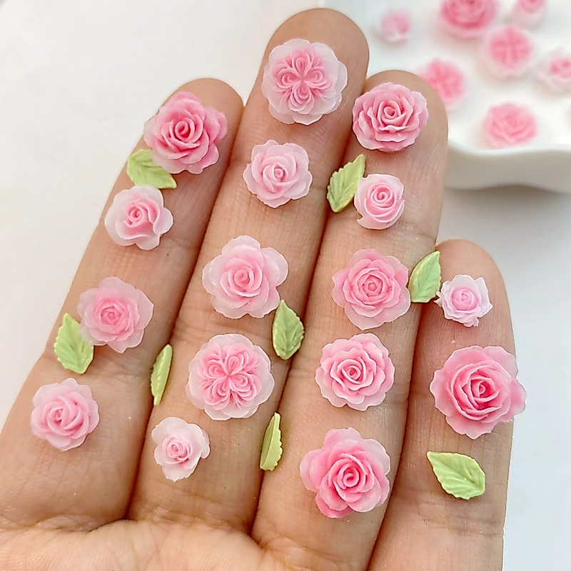 อุปกรณ์ตกแต่งเล็บเรซิ่น ลายดอกไม้ ใบไม้ สีชมพู สําหรับตกแต่งเล็บ 50 ชิ้น