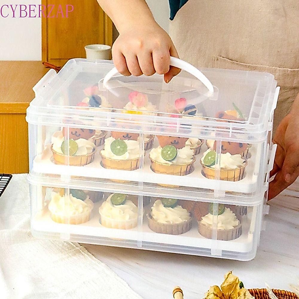 Cyberzap กล่องเก็บของทรงสี่เหลี่ยมผืนผ้า 2 ชั้น ใส 24 ช่อง พร้อมฝาปิดและหูหิ้ว สําหรับคัพเค้ก ปาร์ตี้