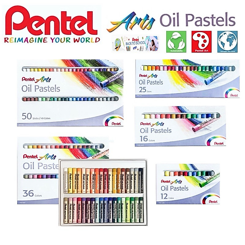Pentel สีชอล์ค Oil Pastels เพนเทล ขนาด 12 16 25 36 50 สี สีเข้มสด เนื้อเนียน ระบายง่าย มีหลายเฉดสี