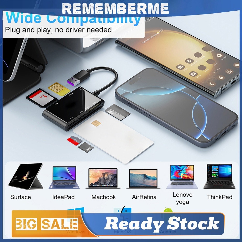 มัลติฟังก์ชั่น 6-in-1 Multi Memory Card Reader USB Smart Card Reader Plug & Play No App Needed