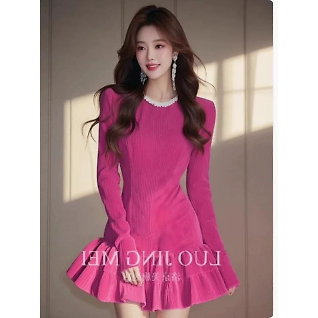 Dress Women New Rose Red Ruffle Style Dopamine Beautiful