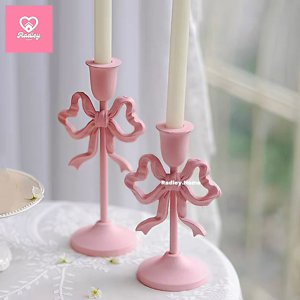 Pink Bow Candle Holder เชิงเทียนรูปโบว์สีชมพูอ่อนน่ารัก สไตล์วินเทจ ของขวัญแต่งบ้าน Retro Style