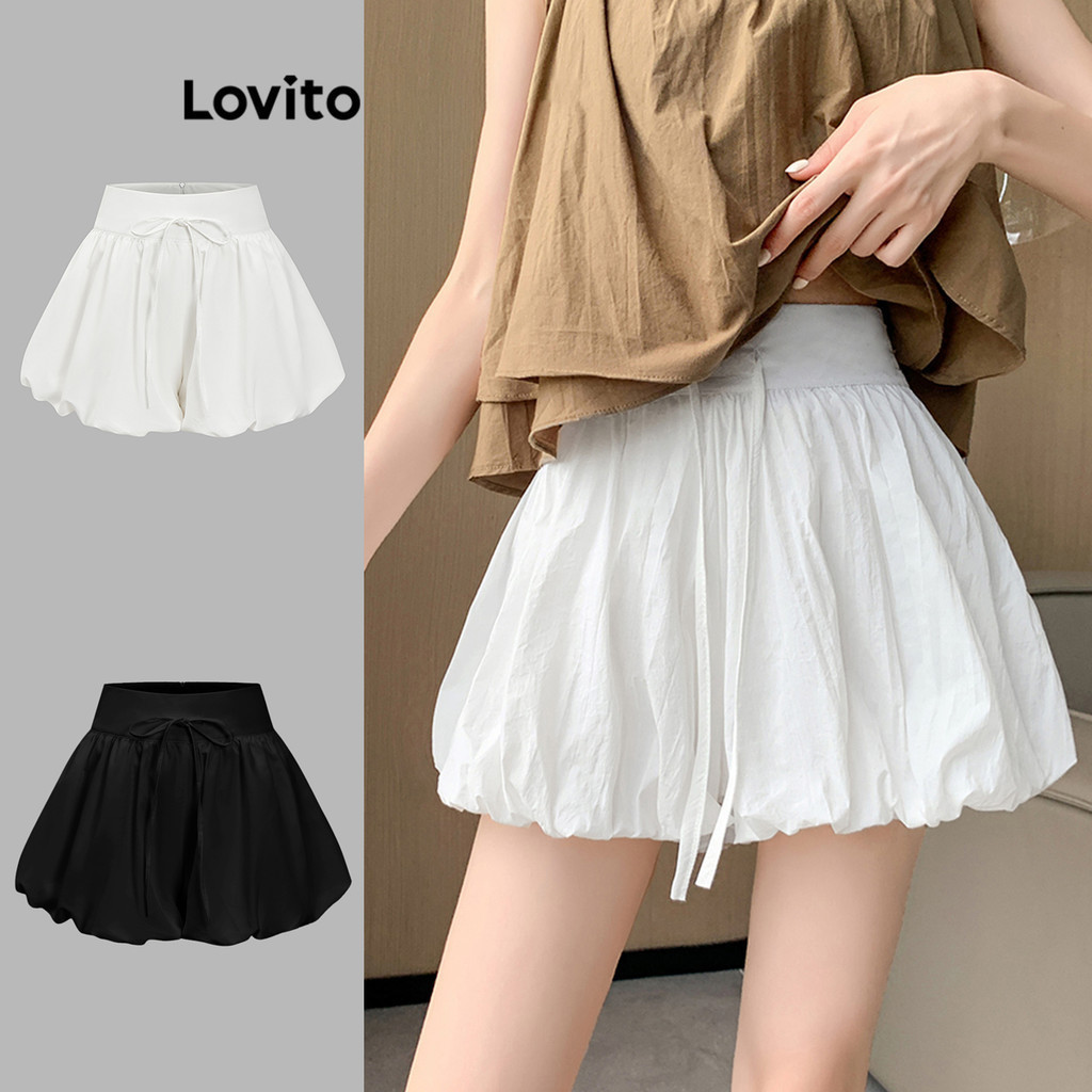 Lovito กางเกงขาสั้นแคชชวลทรงบอลลูน ปลายขากว้าง ผูกโบว์เรียบๆ สำหรับผู้หญิง L88AD101