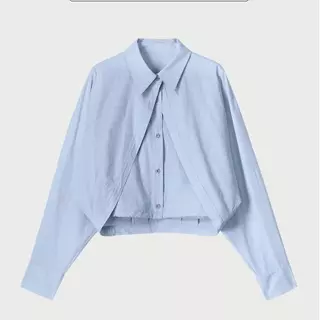 [พร้อมจัดส่ง]เสื้อเชิ้ตแขนยาวสีฟ้าอ่อนไซส์ใหญ่สำหรับผู้หญิง ดีไซน์แบบสองชิ้นเทียม เหมาะสำหรับหลายโอกาส สไตล์ลำลอง#W752