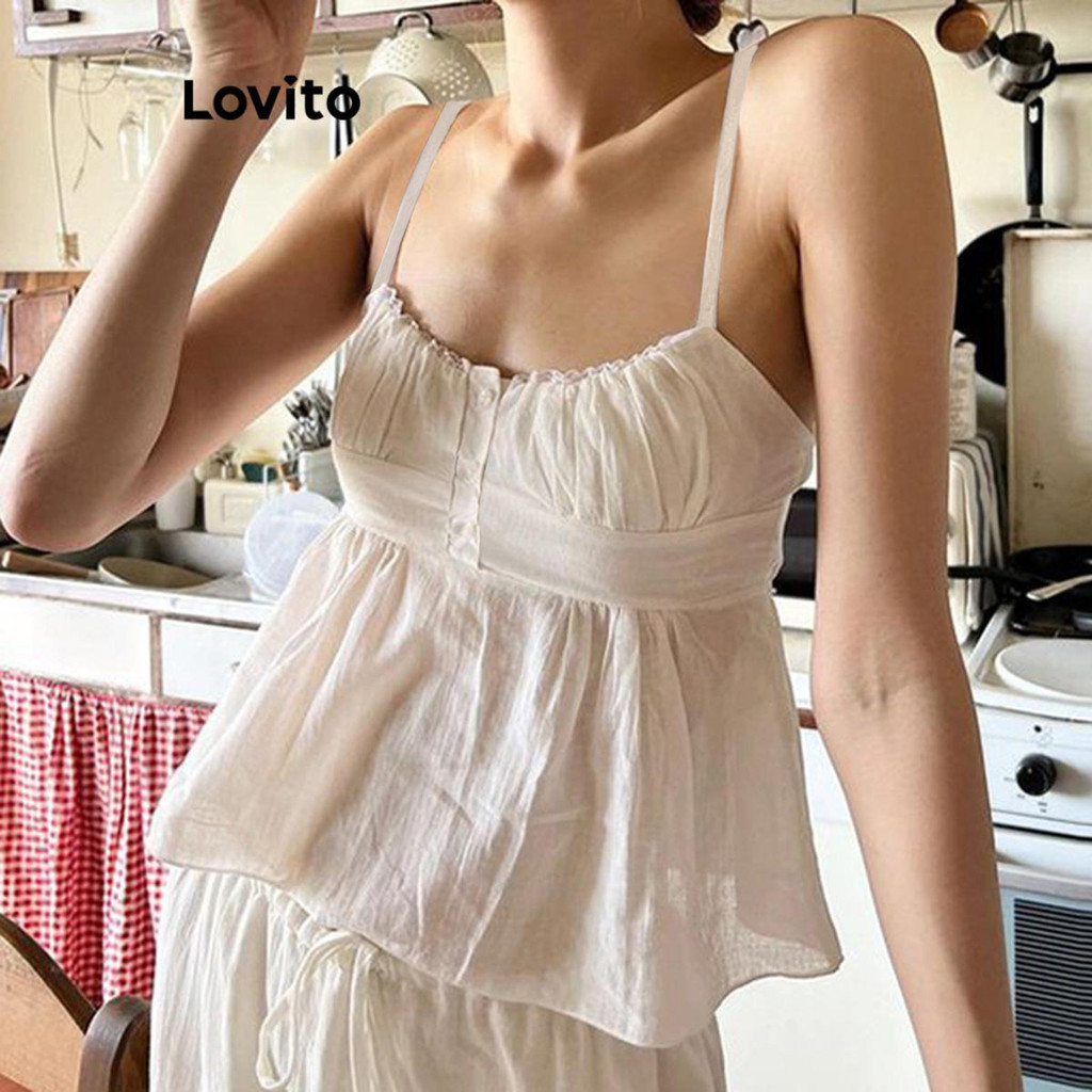 Lovito เสื้อกล้ามลําลองเสื้อกล้ามกระดุมจีบไหล่เย็นธรรมดาสําหรับผู้หญิง LNE71634