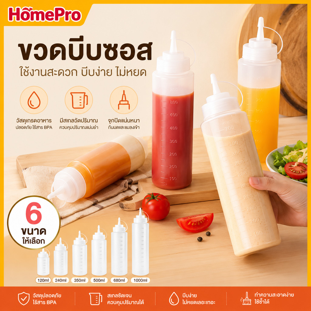 HOME ขวดบีบซอส PE เกรดอาหาร มีฝาปิด 6ขนาด 150-1000ml ใช้ใส่น้ำจิ้มน้ำสลัดน้ำมันเจลล้างหน้าได้หลายอย่าง