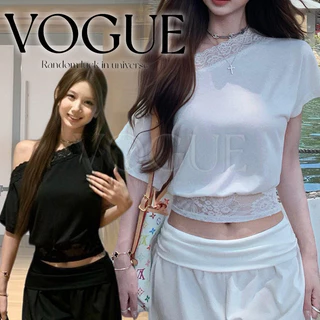 Vogue🌟พร้อมส่ง🌟 เสื้อยืดแขนสั้นปาดไหล่ ดีไซน์แต่งลูกไม้เอวจั๊ม ลุคคุณหนูหวานซ่อนเปรี้ยว (A2393)