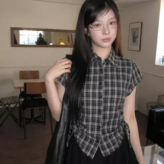 Dode W725#เสื้อเชิ้ตแขนสั้นลายสก็อตสไตล์เกาหลี ดีไซน์ผูกโบว์ เหมาะสำหรับใส่ในฤดูร้อน สไตล์ผู้หญิง