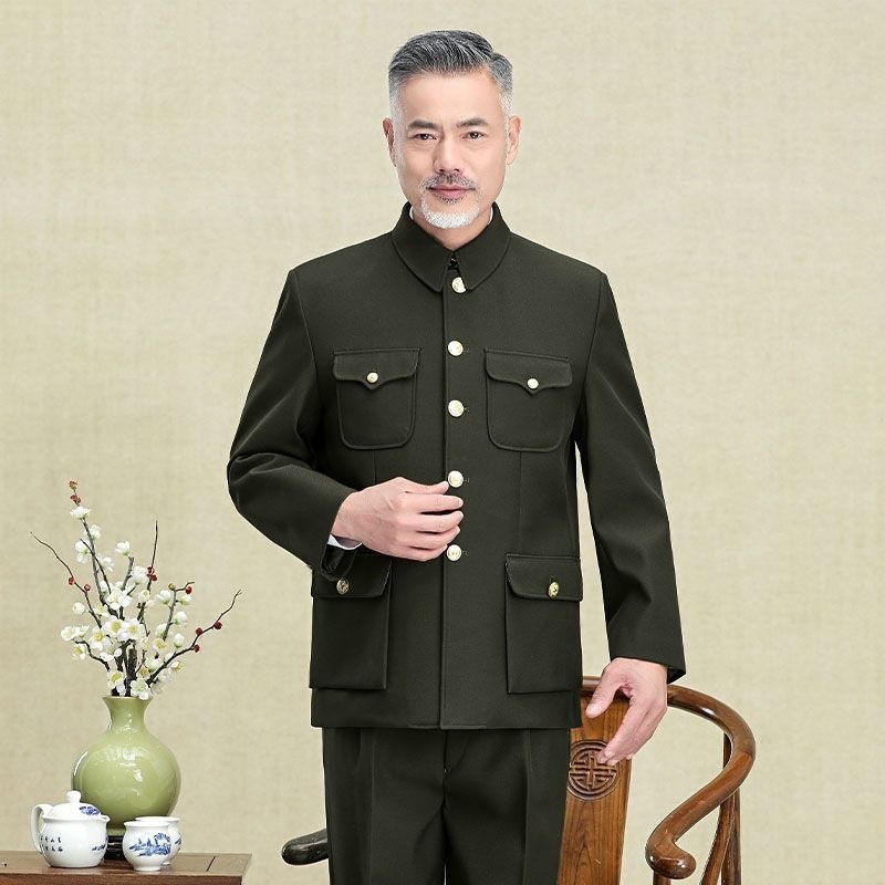 Beijiang Wolf Army สีเขียว Zhongshan ชุดผู้ชายวัยกลางคนผู้สูงอายุชุด Old-fashioned Zhongshan ชุดผู้ส