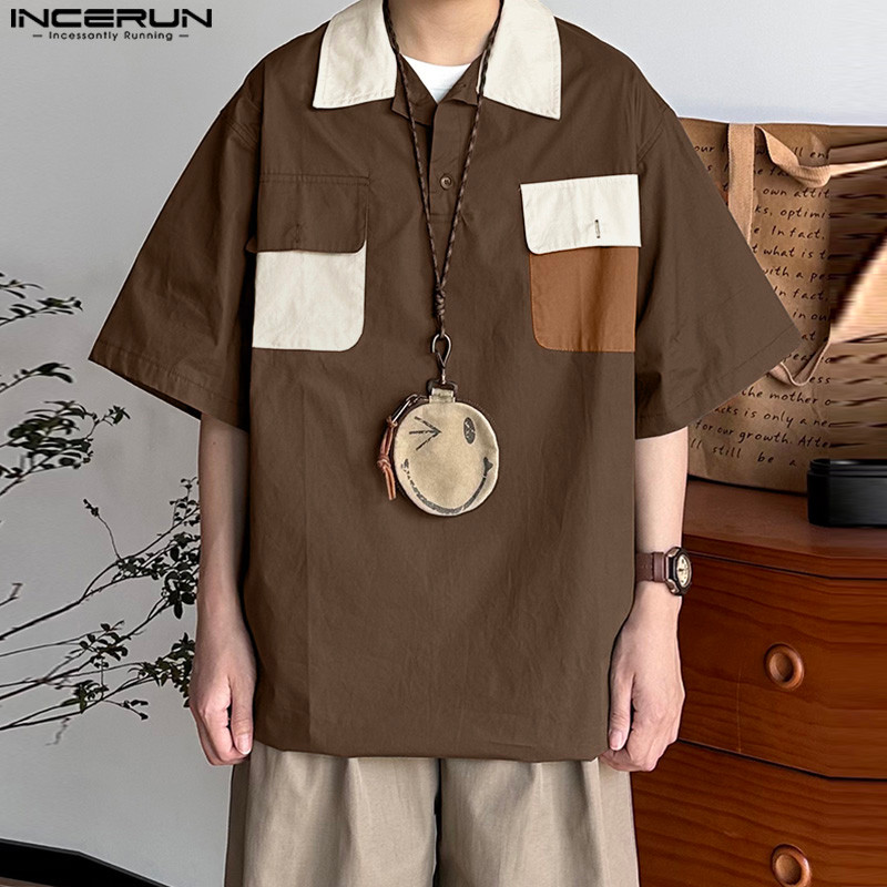 INCERUN เสื้อ Raglan สำหรับผู้ชาย สไตล์เกาหลี พิมพ์.patchwork สีตัดกัน