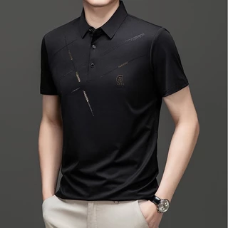 PROMAN เสื้อโปโลผู้ชายคอปกสั้น ผ้าไอซ์ซิลซ์ ลายพิมพ์ สไตล์เกาหลี ทรงหลวมเรียบง่าย ใส่ประจำวัน เหมาะพ่อ
