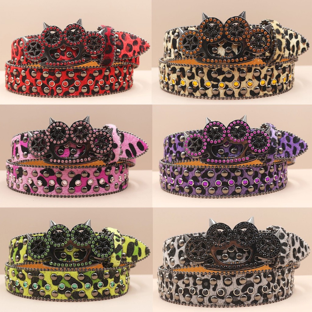 เข็มขัดแฟชั่น Finger Tiger Buckle ในสไตล์punk พิมพ์ลายเสือดาวประดับคริสตัล rhinestone สไตล์ยุโรปและอ