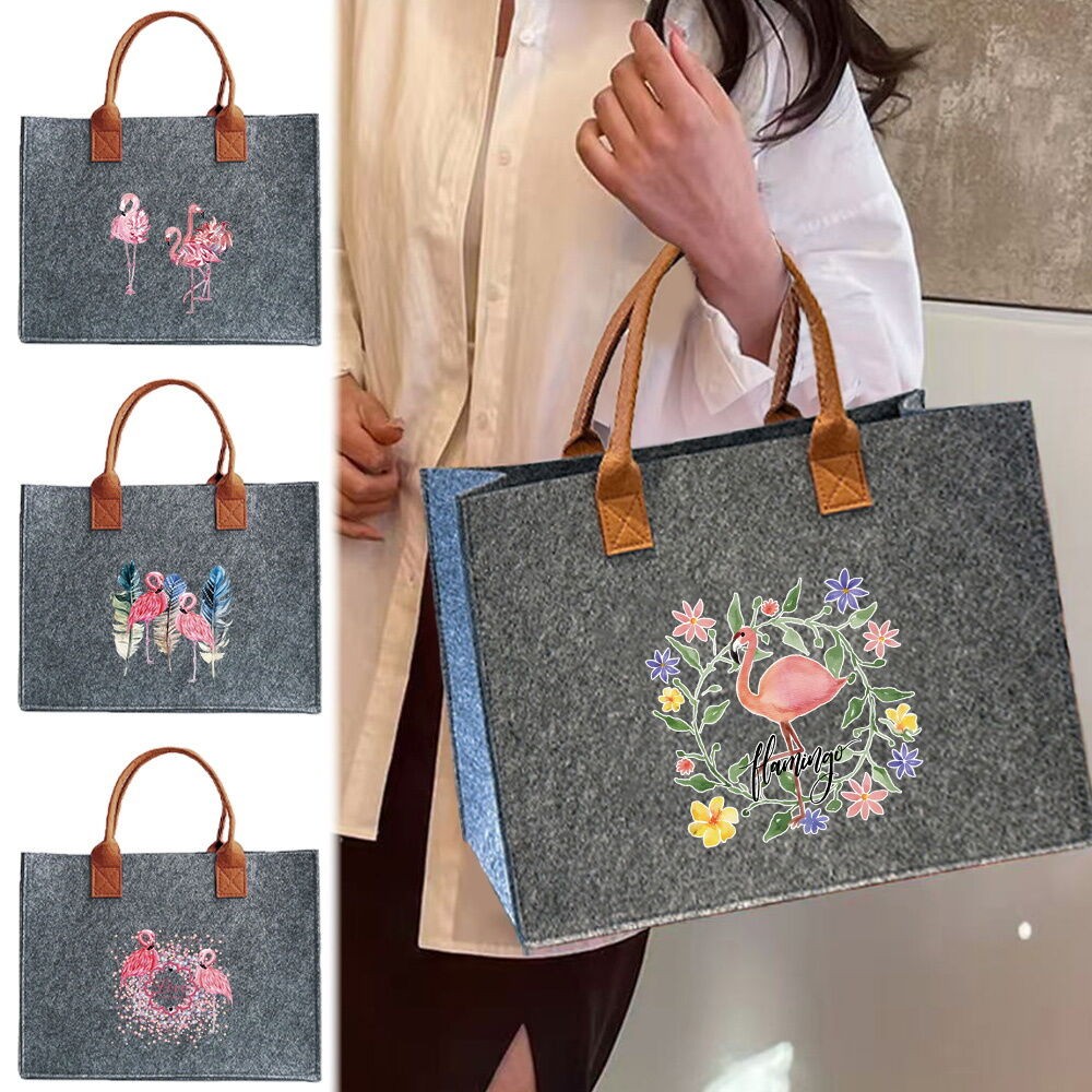 กระเป๋าโท้ทสักหลาดแบบพกพาที่ทนทานผู้หญิงกระเป๋าผ้าสักหลาดสักหลาดช้อปปิ้งกระเป๋าของชำชุดฟลามิงโก