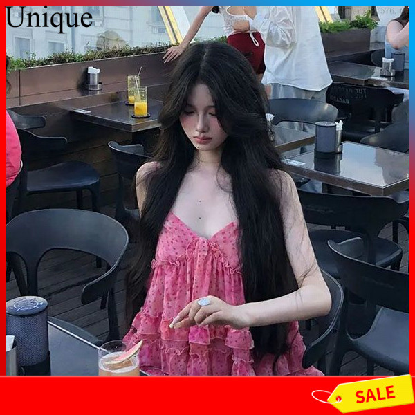 【COD】หวานเผ็ดสีชมพูคอวีลายจุดชีฟองยกทรงผู้หญิงฤดูร้อนออกแบบเร้าใจด้านบน