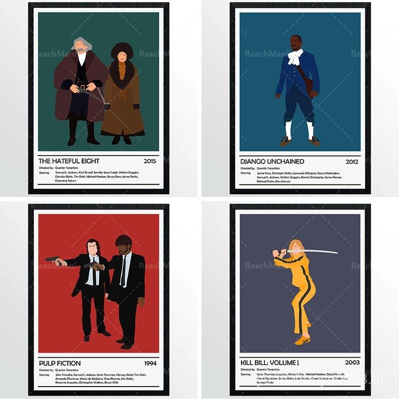 คอลเลكชันโปสเตอร์ภาพยนตร์ Quentin Tarantino กับนวนิยายเยื่อกระดาษ รวมถึง "Django Unchained" และ "The