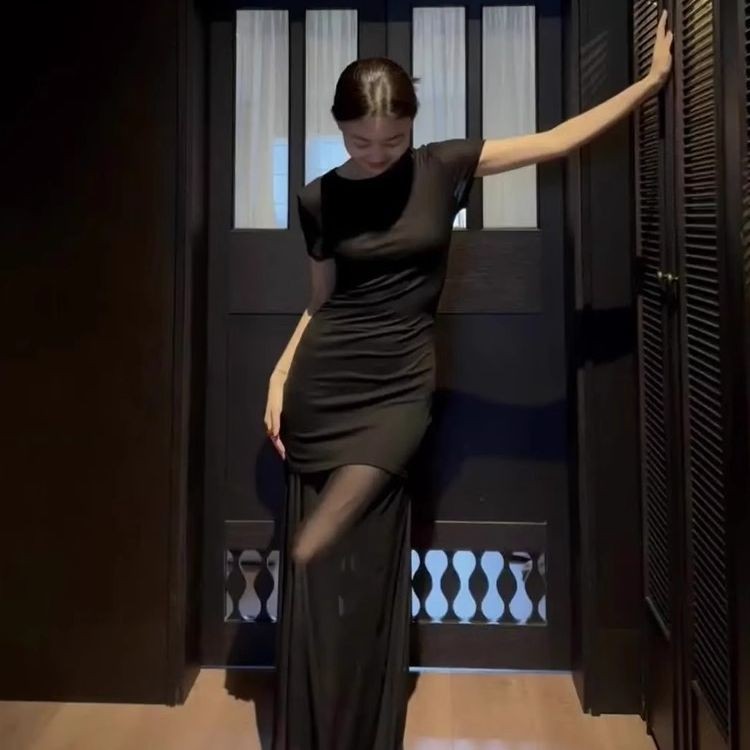 ชุดเดรสผ้ากอซสีดำ ผู้หญิง ฤดูร้อน สไตล์ทันสมัย ทรงกระบอกเน้นเอว - รูปที่ 3