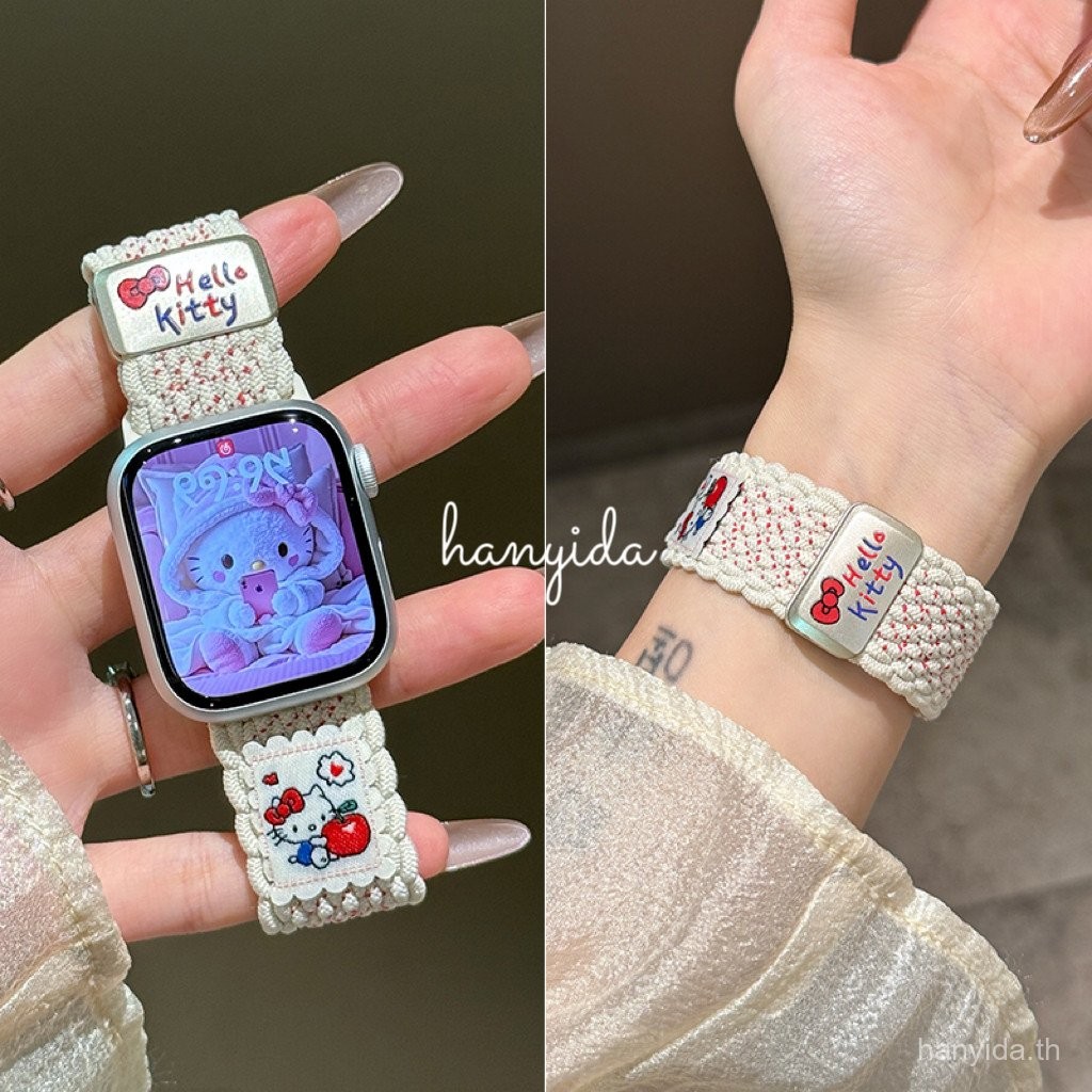 โบว์ไนลอนแม่เหล็กถักสีใหม่ KT สายทอแมว KT น่ารักสําหรับ Applewatch Series 10987654321 SE, SE2, Ultra