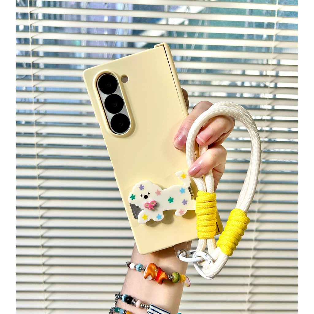 น่ารัก Simple นมสีเหลืองกรณี Star Puppy Bracket Anti-loss เชือกสําหรับ Samsung Galaxy Z Fold7 Z Fold