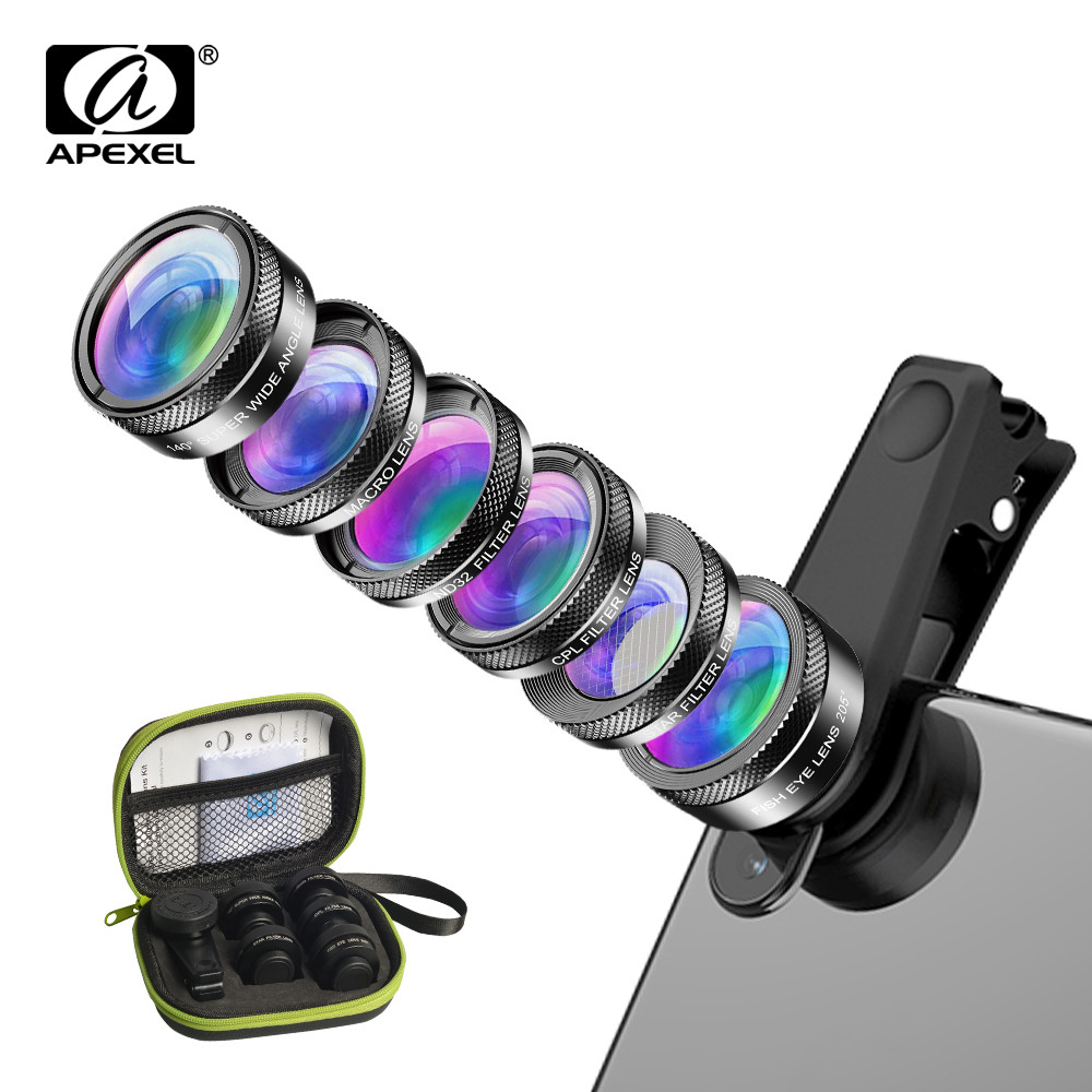 APEXEL Universal 6 in 1 ชุดเลนส์กล้องโทรศัพท์ Fish Eye เลนส์มาโครมุมกว้าง CPL/StarND32 กรองสําหรับสมาร์ทโฟนเกือบทุกรุ่น