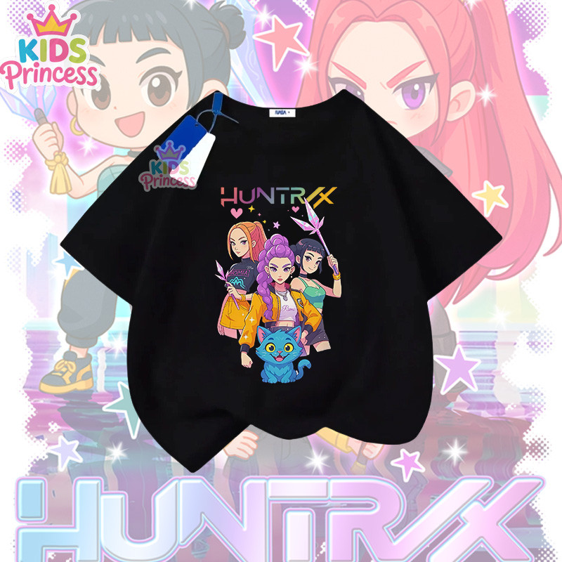 COD (จัดส่งตลอด 24 ชั่วโมง) Kpop Demon Hunters ผ้าฝ้าย 100% เสื้อเชิ้ต เสื้อยืดสีดำ 90-150CM N382